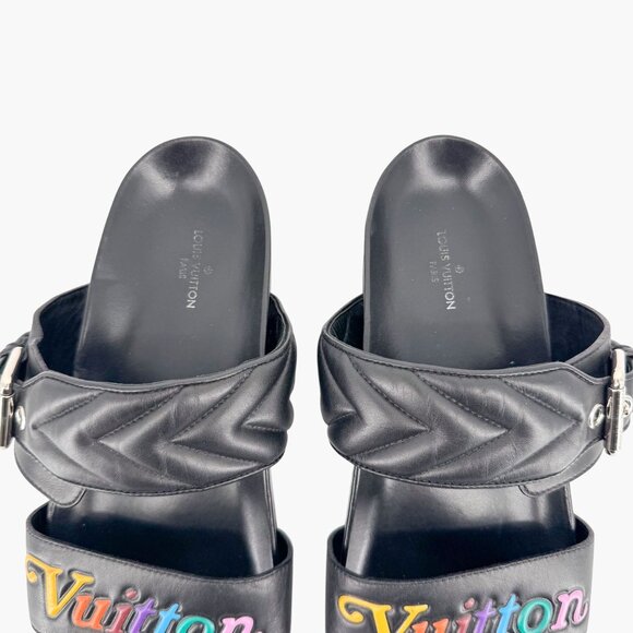 Louis Vuitton New Wave Bom Dia Slide Sandal Size 38 US 8 Black Rainbow Logo Mule - Picture 5 of 15